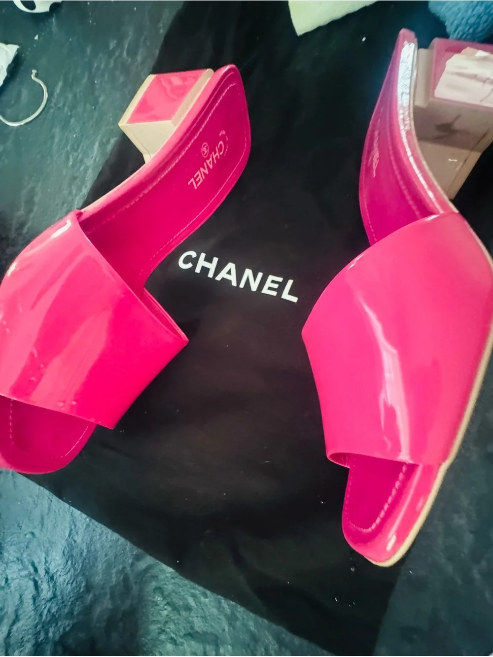 CHANEL Hot Pink Patent Slide Mules